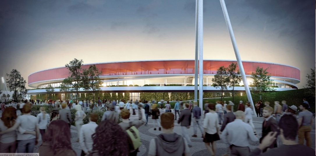 Futuristische Bildmontage eines Stadions mit vielen Menschen davor.