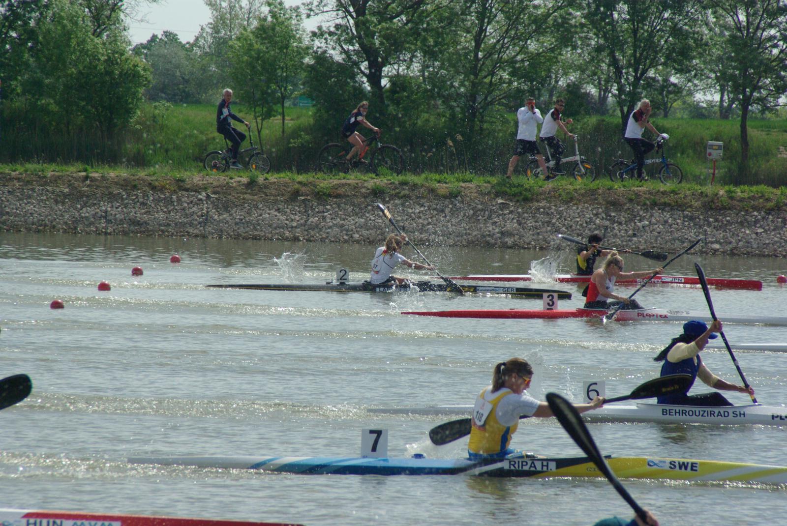 Fünf Kanutinnen im Rennen auf dem Wasser.